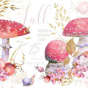 Clipart d’automne à l’aquarelle, clipart d’automne en forêt, champignons peints à la main, feuilles d’automne. Utilisation commerciale. Téléchargement instantané. Fichiers png imprimables.