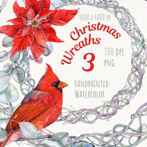 Clipart de guirlanda de Natal em aquarela. Cardeal, poinsétia, eucalipto. Clipart pintado à mão. Uso comercial. Download instantâneo. png imprimível.