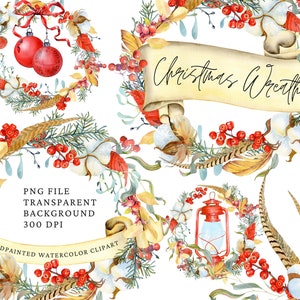 Guirlandas de Natal em aquarela. Clip-art de Natal pintado à mão. Guirlandas de inverno. Algodão. Uso comercial. Download instantâneo. Arquivos png imprimíveis.