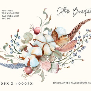 Clipart floral Eucalipto Algodón Flores blancas Verdor. Ramos Boho Boho Invitaciones de boda pintadas a mano. Uso comercial gratuito, png