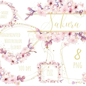 Cornici Sakura. Acquerello Floreale Geometrico clipart, rosa, oro, fiore di ciliegio, fiori, matrimonio, delicato, primavera, png. Uso commerciale.