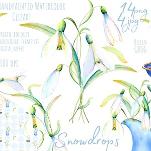 Aquarell Schneeglöckchen Clipart. Individuelle PNG Dateien Blumen ClipArt. Boho Ostern floral handbemalt. Kommerzielle Nutzung. Sofortiger Download.