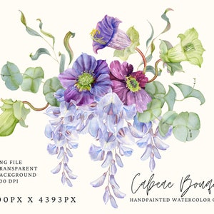 Clipart akwarelowy z kwiatami, bukiet eukaliptusa. Wisteria. Kompozycja kwiatowa. Clipart ślubny. Fioletowo-zielone kwiaty. Bezpłatne wykorzystanie komercyjne, png