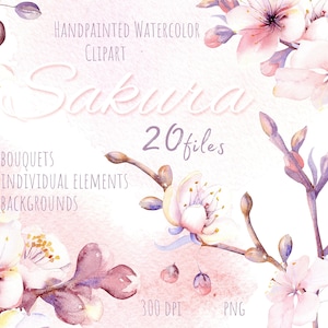 Aquarell Sakura Clipart. Rosa, Kirschblüte, Blumen, Hochzeit, Braut, zart, Frühling, Zweige, floral handbemalt. Individuelles PNG.