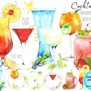 Clipart cocktail aquarelle, clipart alcool, cocktails d'été lumineux peints à la main. Un usage commercial. Téléchargement instantané. Fichiers png imprimables.