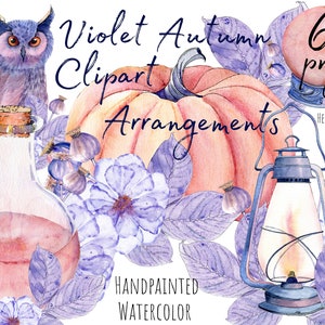 Aquarel herfst clipart, violet halloween clipart, handgeschilderde herfst arrangementen. Commercieel gebruik. Direct downloaden. Afdrukbare png-bestanden.