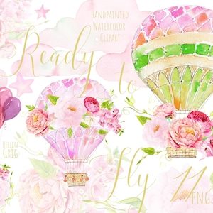 Heißluftballon Clipart. Aquarell Clipart. Hochzeit oder Kinderzimmer handgemalte Clip Art. Kommerzielle Nutzung. Sofort Download. Druckbare png Dateien.