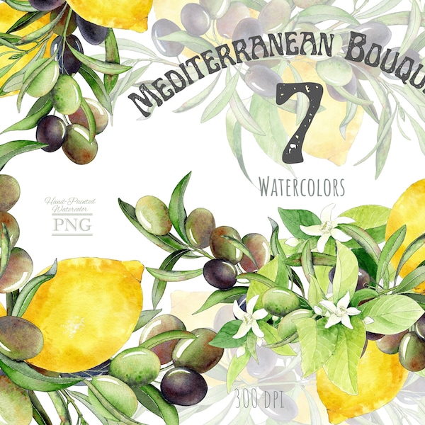 Olive lemon clipart, watercolor handpainted bright summer bouquets. Wedding decor Mediterranean style. Png files for kitchen decor. Foliage.