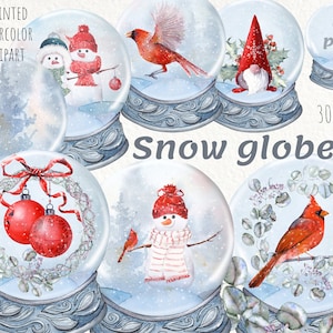 Clipart de globo de neve em aquarela. Clipart de Natal pintado à mão, boneco de neve, cardeal, cartão de férias. Uso comercial. Download instantâneo. Imprimível.