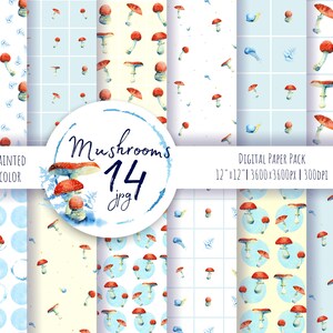 Carta digitale a fungo ad acquerello, 14 modelli senza cuciture. Clipart agarica a caduta dipinta a mano. Uso commerciale. Download istantaneo. Stampabile.