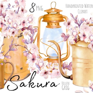 Clipart de ramos de primavera de acuarela. Flores de sakura pintadas a mano en jarras viejas. Jardín retro. PNG individual. Uso comercial. Descarga instantánea.