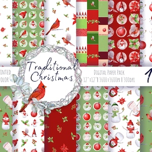 Papel digital de Natal em aquarela, 12 padrões perfeitos. Fundo de inverno pintado à mão. Decupagem, download instantâneo. Uso comercial.