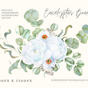 Bloemen clipart Eucalyptus Pioenrozen Witte Bloemen Groen. Boeketten Boho Boho Handgeschilderde Huwelijksuitnodigingen. Gratis commercieel gebruik, png