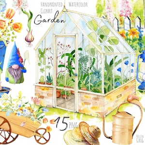 Aquarell Garten Clipart. Handgemalte Blumen, Gewächshaus, Schubkarre. Retro Garten. Individuelles PNG. Kommerzielle Nutzung. Sofortiger Download.