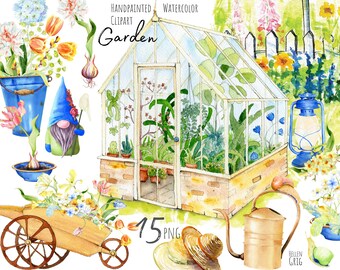 Watercolor garden clipart. Handpainted flowers, greenhouse, wheelbarrow. Retro garden. Individual PNG. Commercial use. Instant download.
