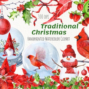 Clipart de Natal em aquarela. Clipart individual de inverno pintado à mão. Poinsétia. Uso comercial. Download instantâneo. Arquivos png imprimíveis.