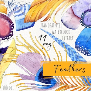 Clipart de penas em aquarela. Conjunto Boho pintado à mão. Clip-art de convite de casamento Boho. Arquivos para impressão, download instantâneo. Arquivos PNG.