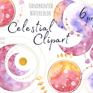 Aquarel astronomie clipart, handgeschilderde hemelset: maan, planeten, nachtelijke hemel, melkwegstelsel. Direct downloaden. png digitaal. Commercieel gebruik.