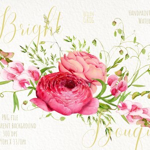 Aquarel bloem clipart, roze pioenenboeket, bloemstukken. Bruiloft Clipart. Roze paarse bloemen en gras. Gratis commercieel gebruik, png