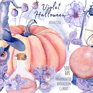 Aquarell Herbst Clipart, violette Halloween Clipart, handgemalte Herbst einzelne Elemente. Kommerzielle Nutzung. Sofortiger Download. png-Dateien.