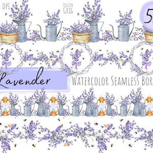 Clipart z akwarelową lawendą. Bezszwowe obramowania Prowansji. Pliki PNG. Cyfrowa taśma washi. Boho floral. Użytek komercyjny. Natychmiastowe pobranie.