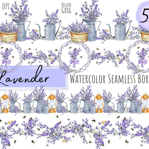 Watercolor lavender border clipart. Provence seamless borders. PNG files. Digital washi tape. Boho floral. Commercial use. Instant download.