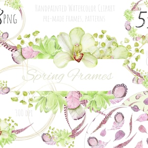 Aquarel bloem orchidee boeket, handgeschilderde bloemenkransen, groen, roze, gouden frames. Bruiloft frame. Lenteboeket. Commercieel gebruik.