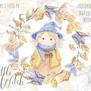 Guirlanda de Halloween em aquarela. Grinalda de folhas de outono, boneca boho Witch pintada à mão. Lindo cartão de Halloween. Uso comercial. Download instantâneo. PNG.