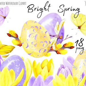 Acquerello di Pasqua clipart. Crochi gialli dipinti a mano e uova. Set floreale primaverile. File stampabili, Download istantaneo digitale.  PNG.