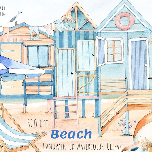 Watercolor sea beach clipart, handpainted pastel summer set:  beach hut, umbrella, seagull. Printable files, instant download.  PNG files.