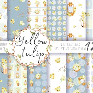 Aquarel lente digitaal papier, 12 naadloze patronen. Handgeschilderde bloemtulpen set. Tuinachtergrond. Direct downloaden. Commercieel gebruik.