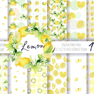 Aquarelle citron papier numérique, 12 motifs sans couture.  Pack d’été jaune peint à la main. Fond d’agrumes. Téléchargement instantané. Utilisation commerciale.