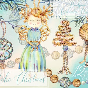 Clipart de Natal Boho em aquarela. Clipart de inverno pintado à mão. Enfeites, boneca, macramê. Uso comercial. Download instantâneo. png imprimível.