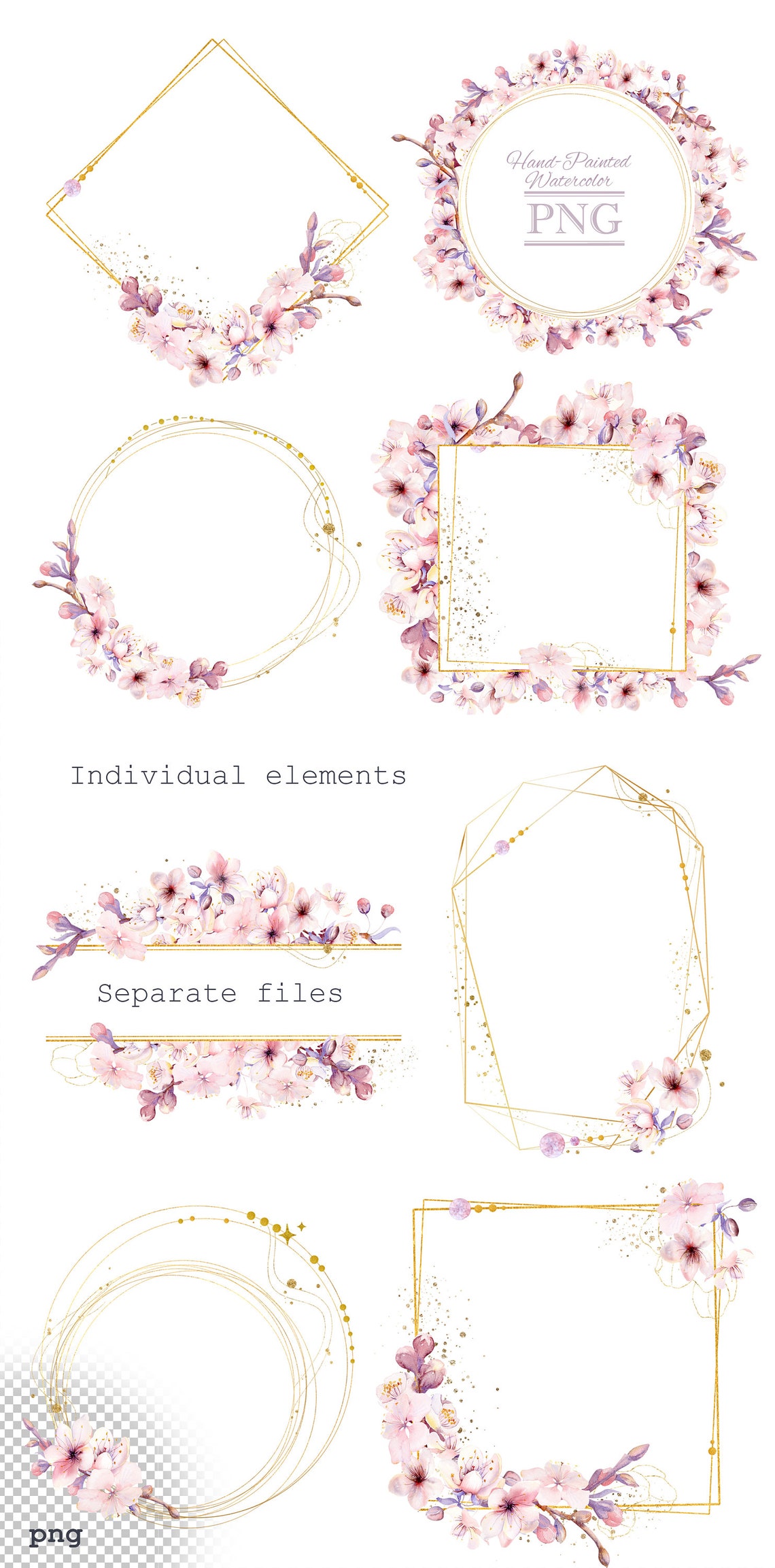 Sakura Line Frame Sakura Frames. Watercolor Floral Geometric Clipart Pink - Etsy
