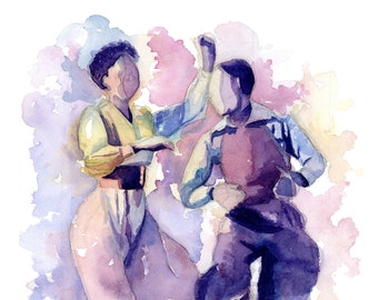 Impression aquarelle de danse swing | Leon James et Willa Mae Ricker | Danse jazz | Lindy houblon