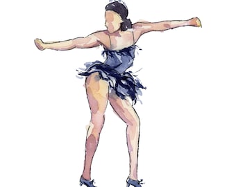 Puede incluir: Una pintura de acuarela de una bailarina con un tutú negro y zapatos azules. Está en medio de una pose, con los brazos extendidos y las piernas dobladas.