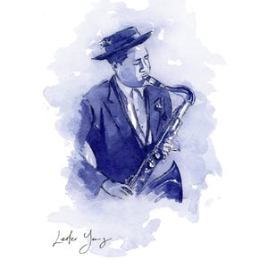 May include: A watercolor painting of a man playing a saxophone. He is wearing a suit and a hat. The painting is in shades of blue and white. The artist's signature is in the bottom right corner.
