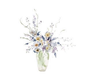 美しい油彩画 花のアレンジメント 花瓶に入った青い花のフラワーアレンジメント：油絵アートプリント