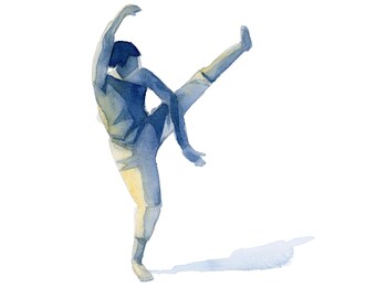 May include: Watercolor painting of a person in a blue and yellow silhouette, performing a dance move with one leg extended.