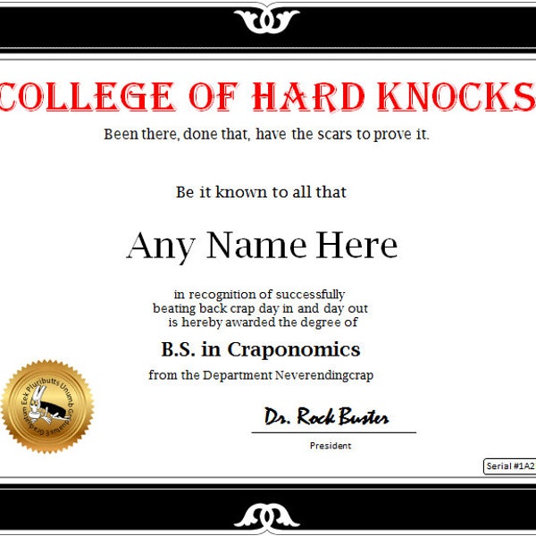 College of Hard Knocks - Real Fake College Diploma Certificate - Digital download. Makes a great gag gift. #Diploma