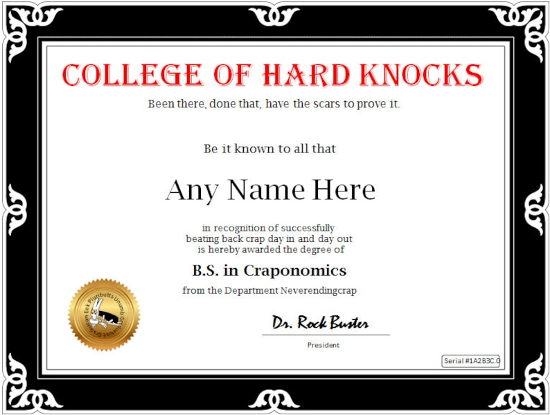 College of Hard Knocks Real Fake College Diploma Certificate Digital