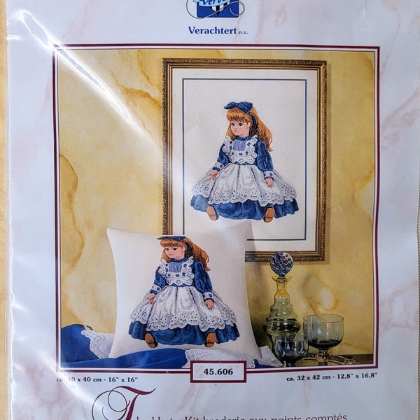 Vintage Vervaco Counted Cross Stitch Kit #45.606 Doll in a Blue Dress