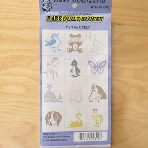 May include: Package of baby quilt blocks, each 9 x 9 inches, featuring cross-stitch designs of various animals including a bird, teddy bear, penguin, butterfly, whale, rabbit, horse, dog, swan, and rooster. Made in the USA.