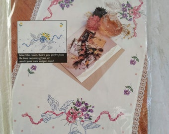 NEW DIMENSIONS BLUE FLOWERS DRESSER SCARF IN STAMPED CROSS STITCH