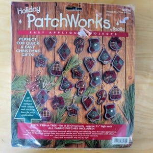 May include: Holiday PatchWorks trim-a-tree set of 24 fabric Christmas ornaments. Each ornament is approximately 3.5 inches high. The kit includes fabric patches, felt, cotton floss, jute cord, needle, and instructions.
