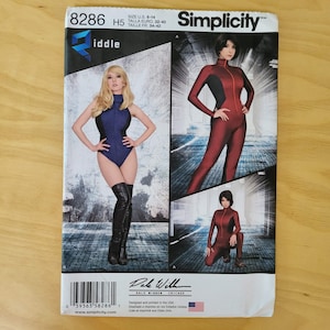 May include: Simplicity sewing pattern 8286 for a bodysuit and jumpsuit. The package features a blue and black sleeveless bodysuit with tall boots, and a long-sleeved red and black jumpsuit with a front zipper. Includes size U.S. 6-14.
