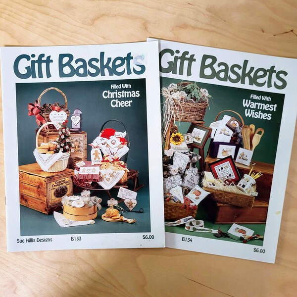 Set of 2 Sue Hillis Designs Counted Cross Stitch Leaflets Gift Baskets Christmas Cheer B133 and Warmest Wishes B134