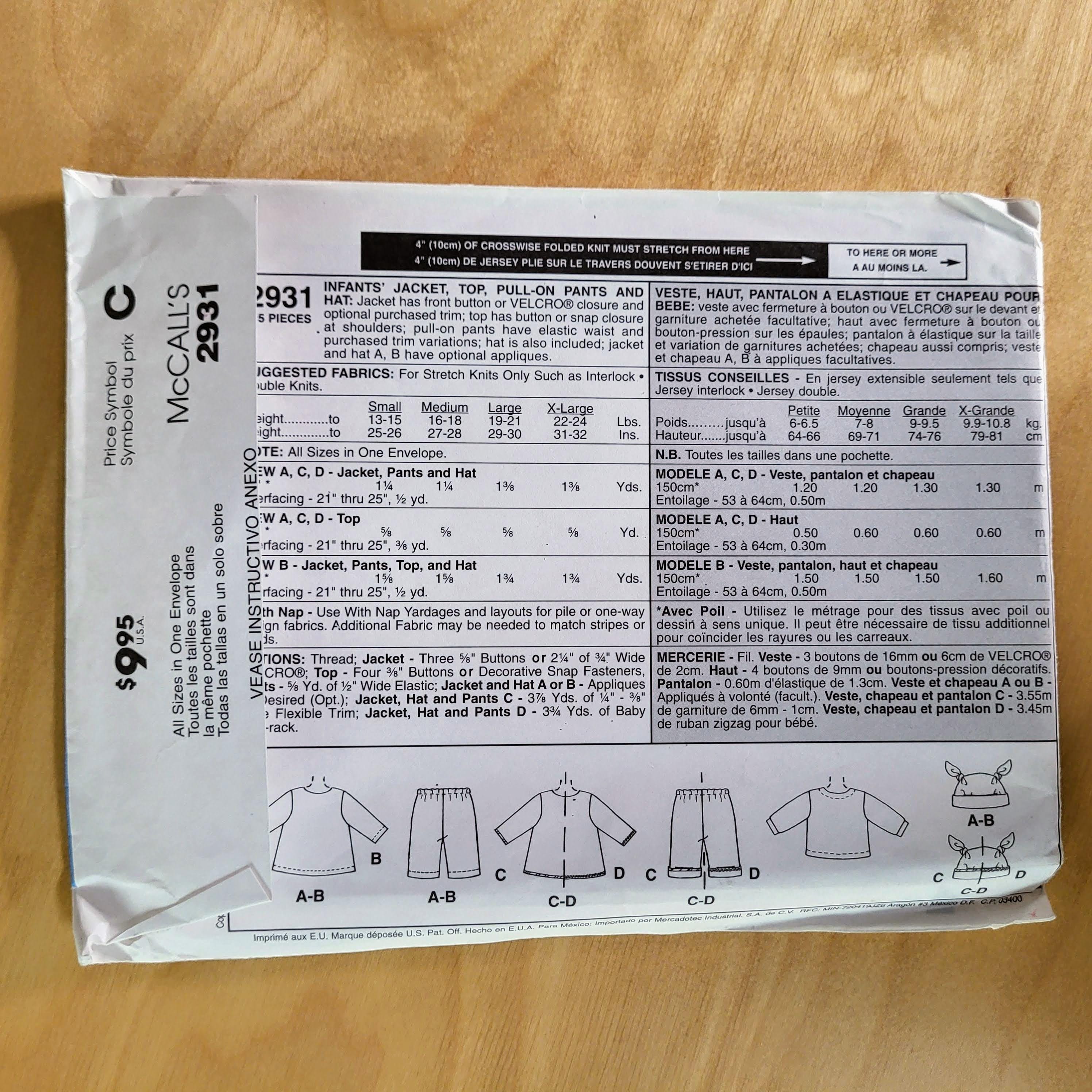 Mccall's Sewing Pattern 2931 Baby Jacket Pattern, Baby T-shirt Pattern ...