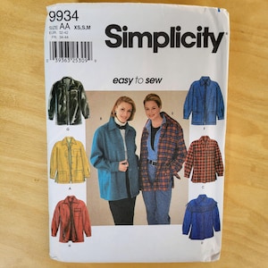 May include: A Simplicity sewing pattern featuring jacket designs. The pattern includes images of various jacket styles in different colors, including blue, yellow, and red. The text "easy to sew" is displayed on the pattern.