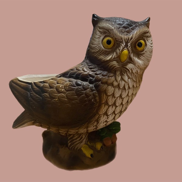Vintage Lefton Hand-painted Brown Owl Planter, Indoor Planter, Vintage Owl Décor, Bird Planter, Boho Home Décor, Plant Accessory